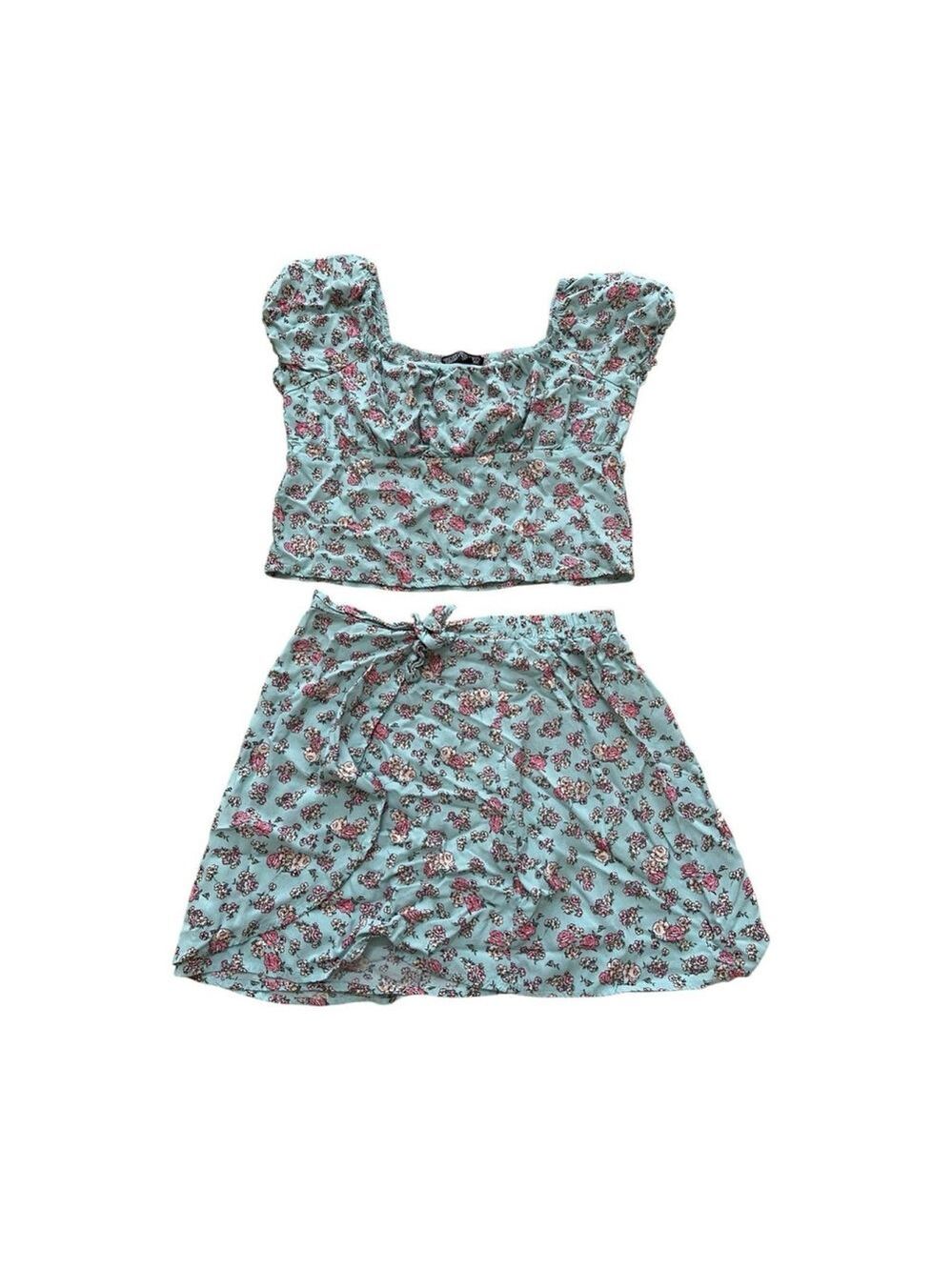 Girls Extra Large Floral Crop Top and Skirt Set Green Pink